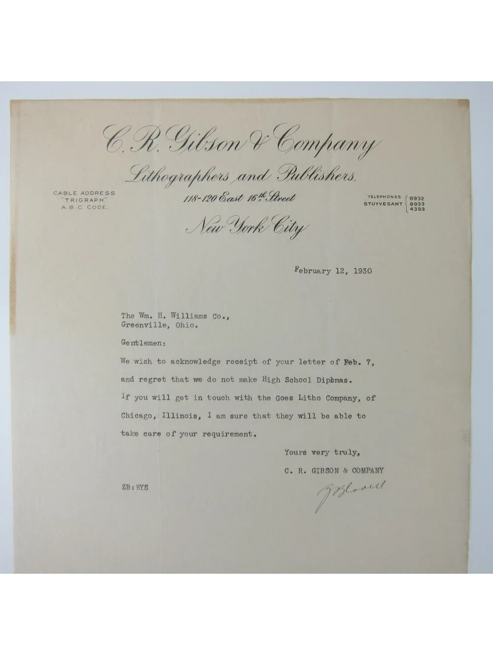 Vintage 1930 Letterhead Signed C.R. Gibson & Company Lithographer New York City